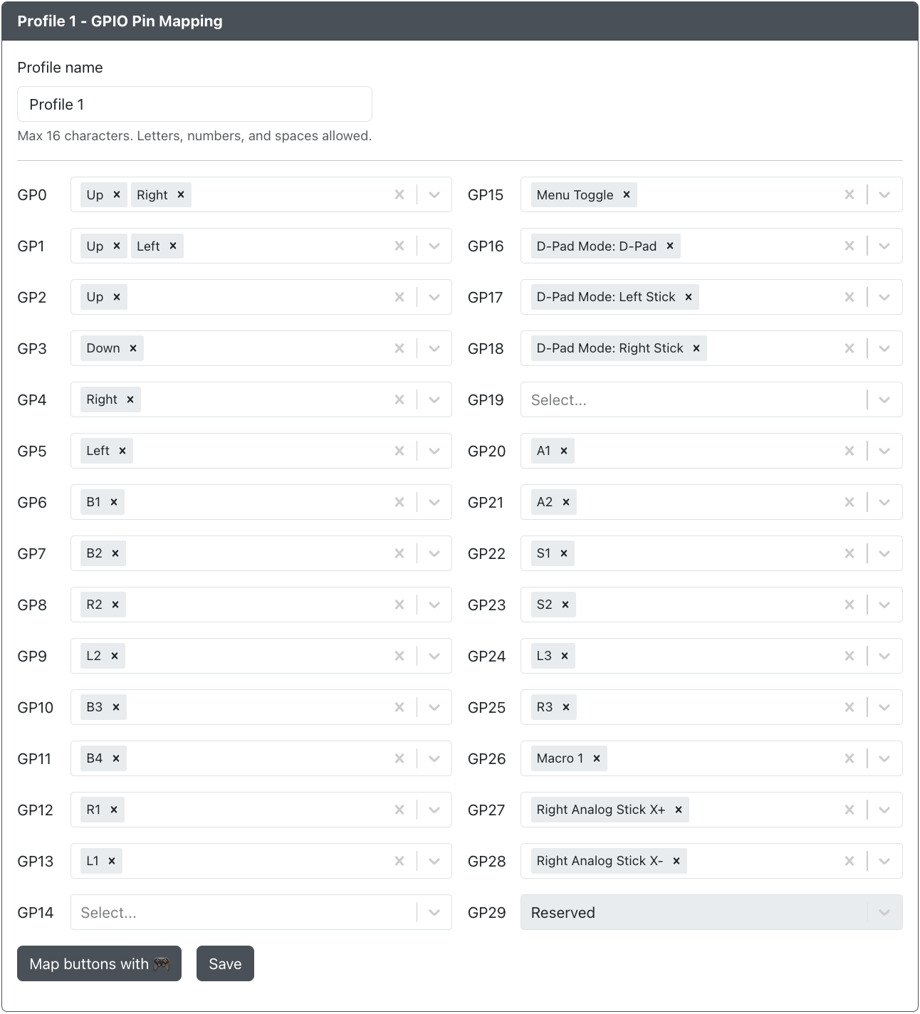 GP2040-CE Configurator - GPIO Pin Mapping