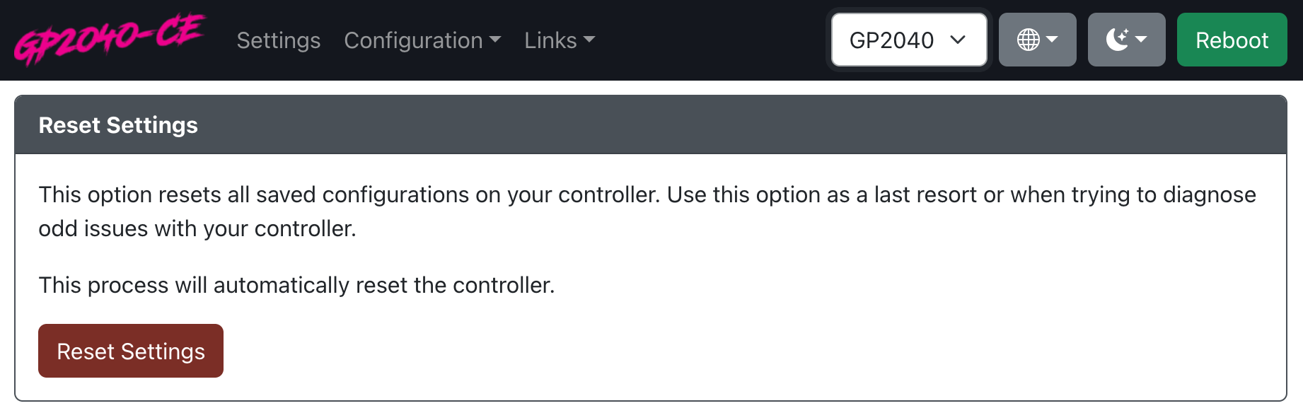 GP2040-CE Configurator - Reset Settings