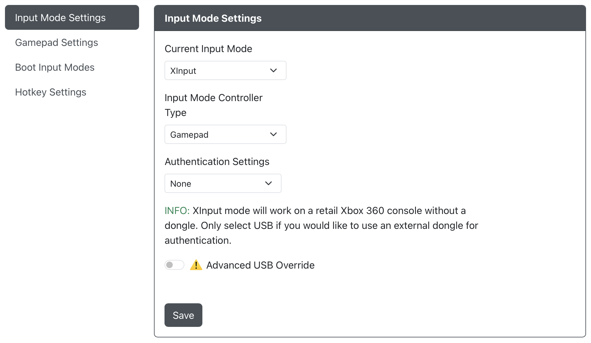 GP2040-CE Configurator - Input Mode Settings